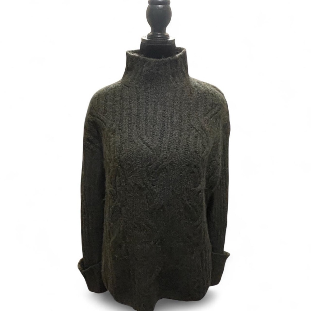 Vince Women’s Mirrored Cable Turtleneck Sweater Green Alpaca Wool Blend Size M